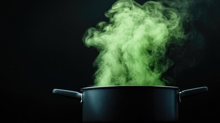 Magic cauldron with mysterious potion and green smoke light from a vintage black pot when wizard cooking and mix dark spell in the fantasy magician for Spooky Halloween