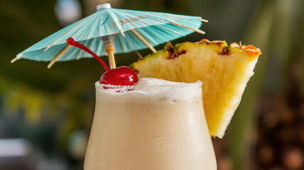 A refreshing tropical cocktail garnished with a cherry and a slice of pineapple, complete with a blue umbrella, perfect for summer relaxation.