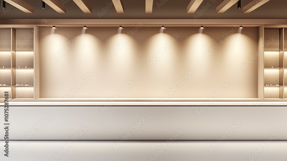 Poster high-angle view of a row of empty display counters under spotlights in a modern boutique, with a neu