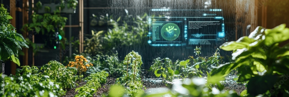 Poster This smart garden showcases lush plants enhanced by automated sprinklers and advanced soil sensors for optimal growth conditions. Generative AI