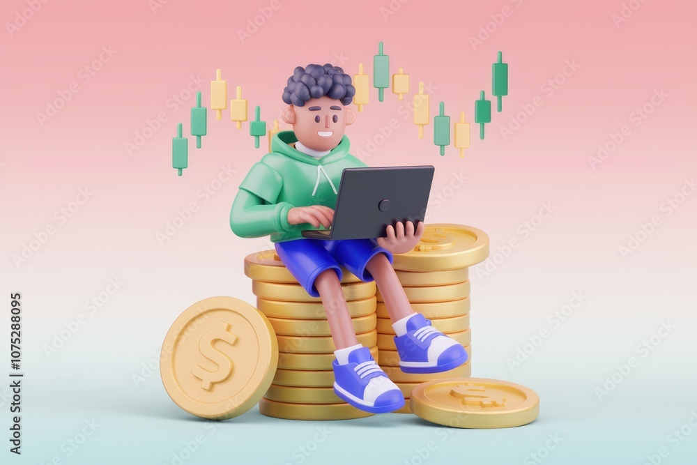 Poster 3d cartoon character sitting on a stack of coins with a laptop