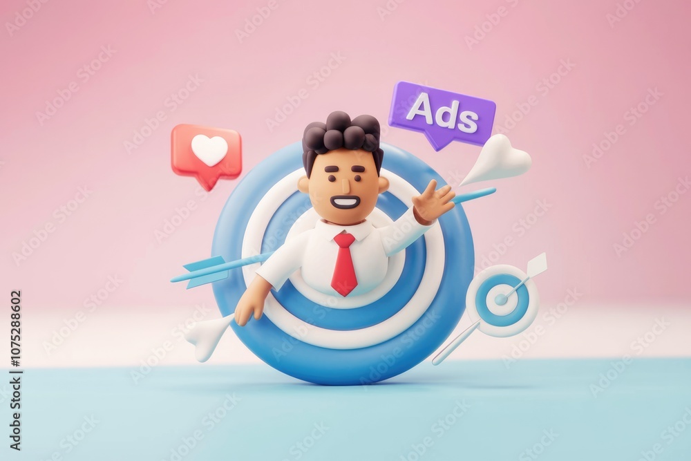 Poster A 3D cartoon character in a target  symbolizing hitting the mark with ads.