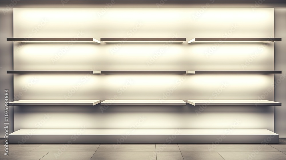 Poster modern retail space with empty display shelves under soft lighting, offering an inviting blank canva