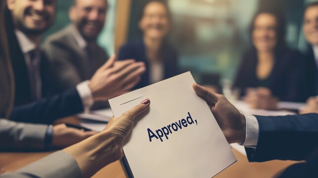 A group of executives gathers in a contemporary conference room to recognize achievements, with one person holding an approval document, marking success
