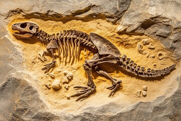 Naklejka premium A detailed fossilized baby dinosaur skeleton discovered in rocky sediment, showcasing ancient life from the Mesozoic era