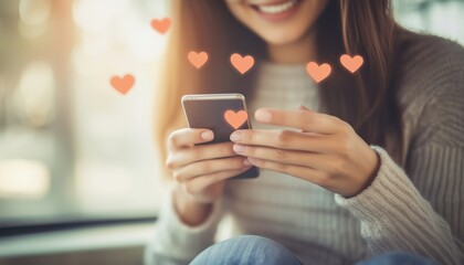 Fototapeta premium Woman Searching For Love On Dating App, Admiring Attractive Young Man'S Profile Photo And Liking It By Pressing Red Heart Button. Close-Up Of Female Hands Holding Mobile Phone With Blur