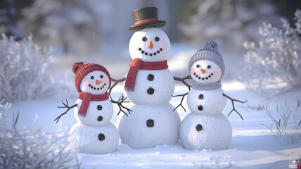 A delightful scene featuring a family of three snowmen standing together in a snowy, winter landscape.