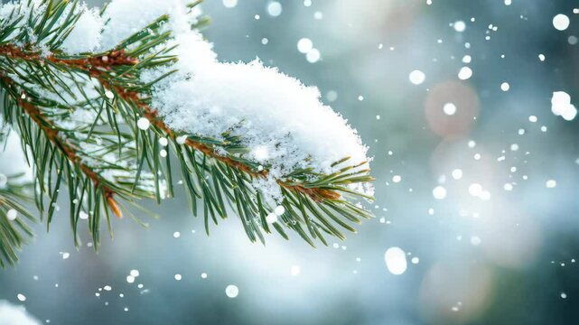Close up of pine-tree branch covered with snow