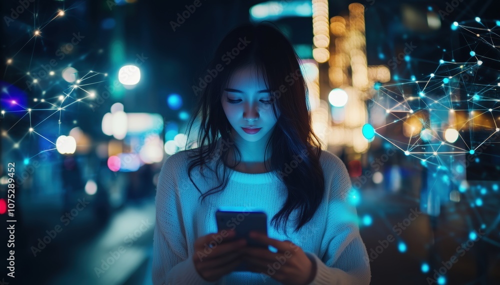 Aufkleber woman utilizing mobile smartphone with iot technology on virtual internet network for global busines