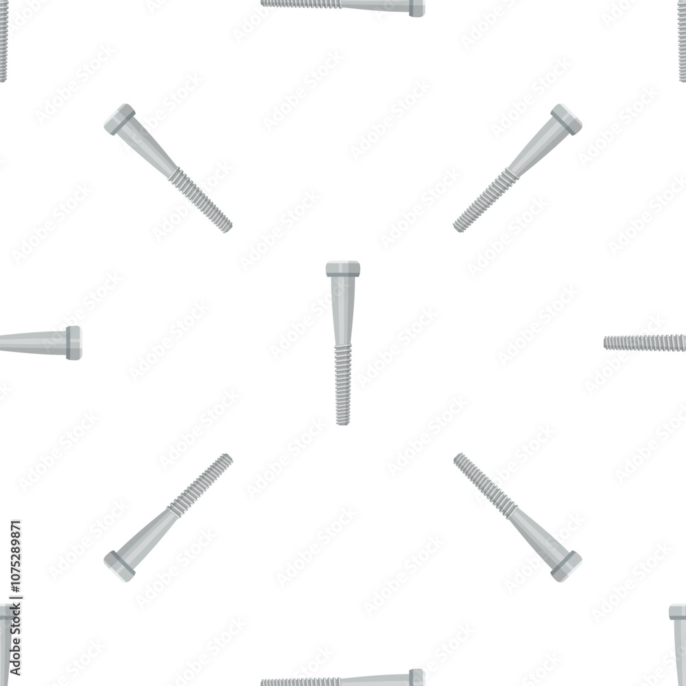 Poster seamless pattern of identical metal bolts lying on a white background, creating a repetitive design 