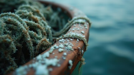 Naklejka premium Close-up of a Well-Used Fisherman's Net with Algae and Salt Crusting the Edges
