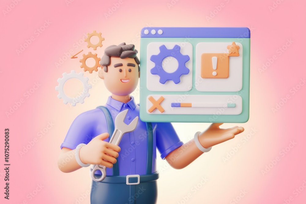 Poster 3d cartoon character holding a wrench working on a web page with settings and progress bar