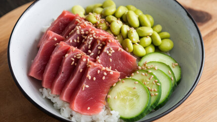 A beautifully arranged bowl featuring fresh tuna slices over rice, accompanied by cucumber slices and edamame, garnished with sesame seeds.