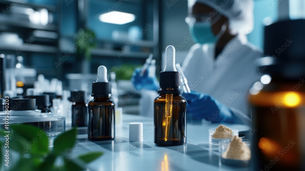 Aufkleber scientist working with lab samples and bottles.