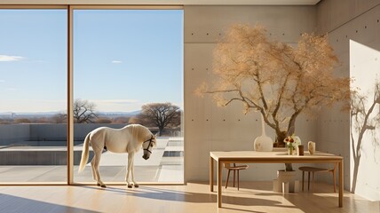 A floor-to-ceiling window structure, with an exit to a balcony, and a window in a modern room with a view out onto a spring field. Light walls.