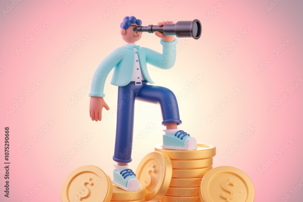 Poster 3d cartoon man standing on a stack of coins and looking through a telescope