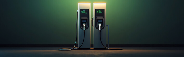 Sleek 3D Rendering of an EV Charging Station Graphic Template with Dual Cables and Digital Interface