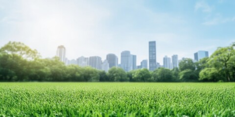 A lush green field in the foreground contrasts with a city skyline under a clear blue sky, showcasing nature and urban life together.