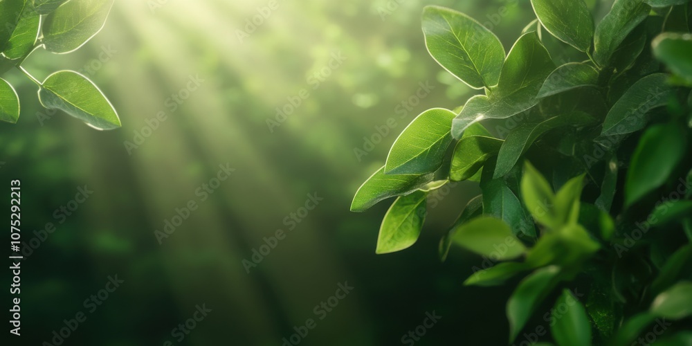 Poster a serene close-up view of green leaves illuminated by soft sunlight, creating a tranquil atmosphere 