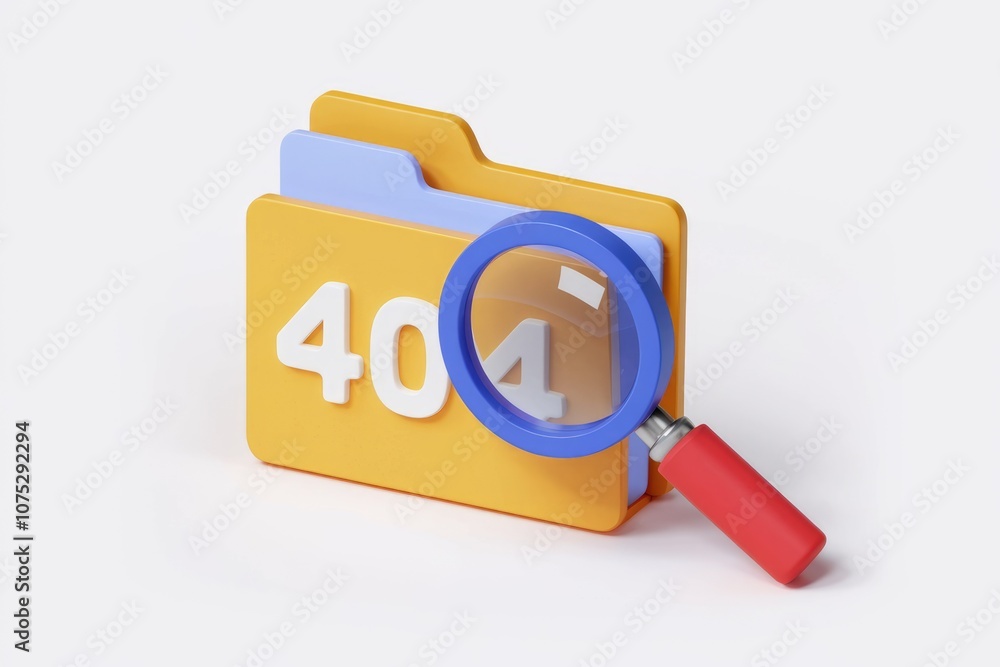 Poster A magnifying glass searches for a missing file  displaying a 404 error.
