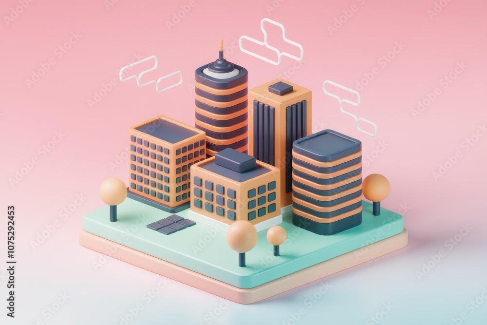 Poster a 3d rendering of a miniature city with pastel colors