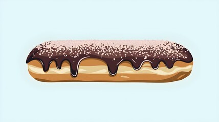 Long john donut with chocolate glazing isolated on light blue background.