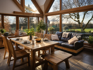 Fototapeta premium Spring is reflected in the house's modern architecture, which features a window into the kitchen and a panoramic exit from the dining room to the terrace.