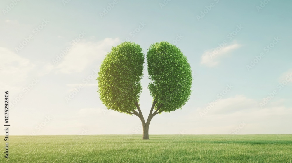 Poster a unique tree shape resembling a heart stands alone in a vast green field under a clear blue sky.