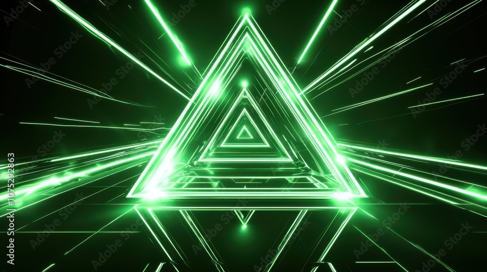 Poster a captivating green geometric triangle surrounded by glowing lines, creating a dynamic, futuristic a