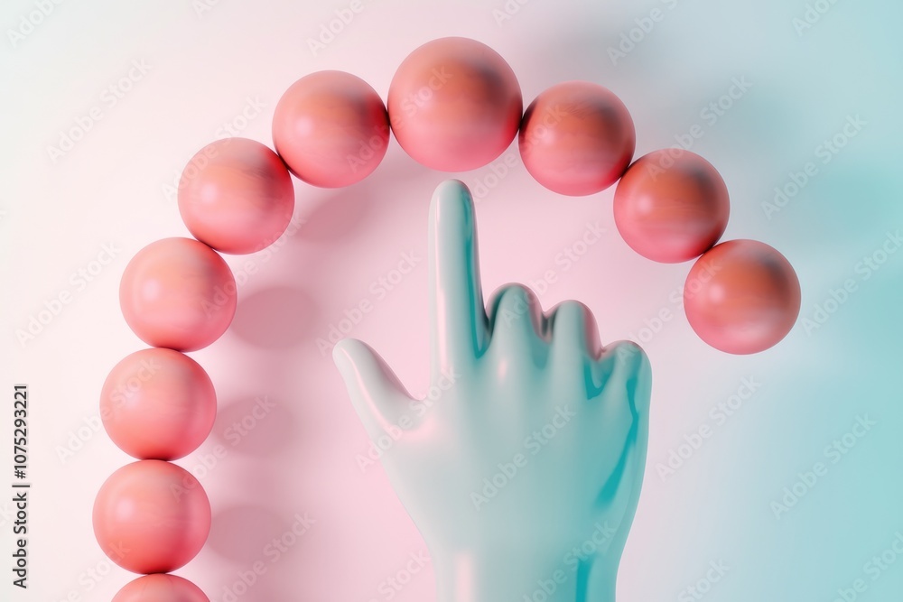 Poster a blue hand points upwards against a backdrop of pink spheres arranged in a semi circle.
