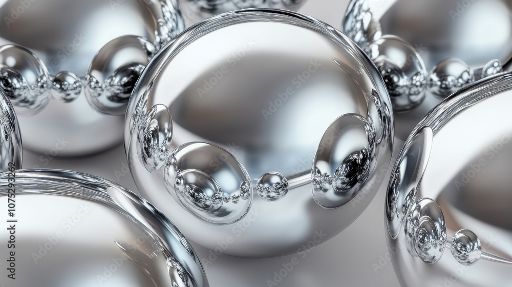 Poster close-up of shiny metallic spheres reflecting light, creating a dynamic and futuristic atmosphere.