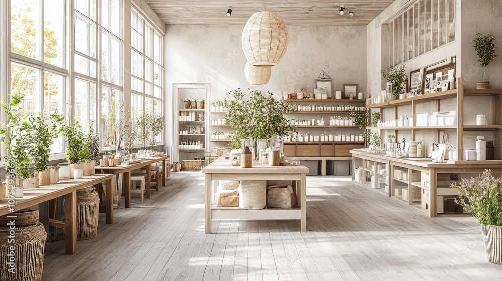 Poster spacious display tables in a contemporary shop with neutral tones, creating a blank slate for any pr