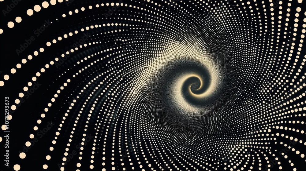 Poster a mesmerizing spiral pattern of dots creating a dynamic, swirling effect against a black background.