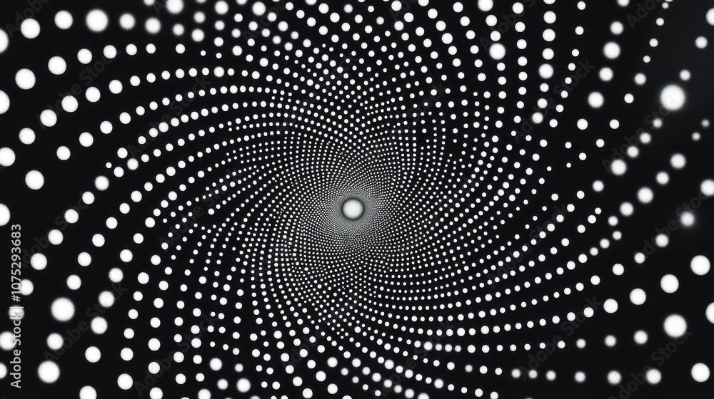 Poster a mesmerizing spiral of luminous white dots against a deep black background, creating an illusion of