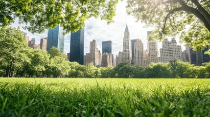 Obraz premium A vibrant city skyline peeks through lush green trees, showcasing the harmony between urban architecture and nature under a bright sun.