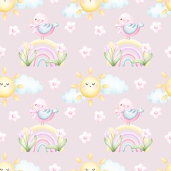 Cute birds and rainbow. Watercolor seamless pattern for children. For baby shower, textiles, nursery decor, packaging, wrapping paper and scrapbooking.
