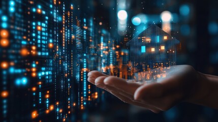 A hand holding a glowing digital house icon in front of a background of binary code.