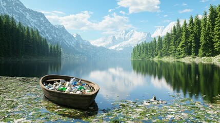 Reflections of Responsibility: Urgency for Clean Water Initiatives in 3D Mountain Lake Scene