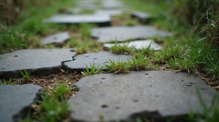 Worn Stone Pathway with Grass Growing Between Cracks