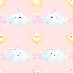 Cute smiling suns and clouds seamless  pattern.Textile for kids. Ideal for fabric,scrapbooking,banner , card, wrapping paper, wallpaper, textiles.