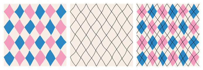 Set of seamless abstract geometric pattern of pink and blue rhombuses in a row, with black diagonal lines on a light background, hand drawn illustration, flat style