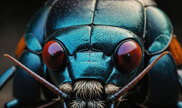 A close-up view of a large, blue beetle with red eyes