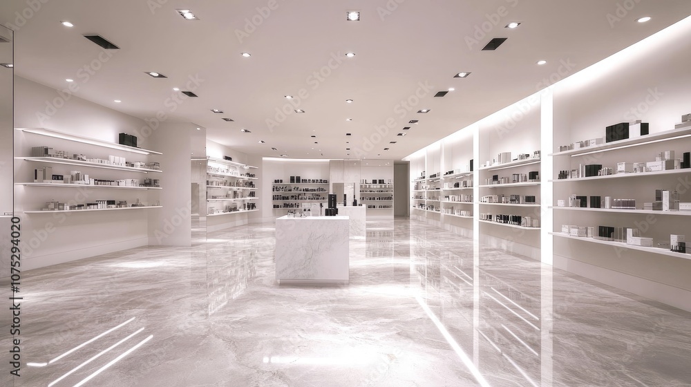 Poster spacious empty retail store with polished floors and white walls, offering a versatile setup for a w