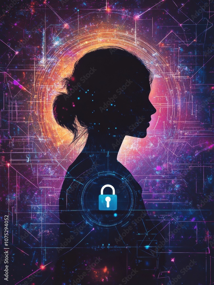 Aufkleber a silhouette stands against a vibrant digital background featuring a lock symbol, highlighting the i
