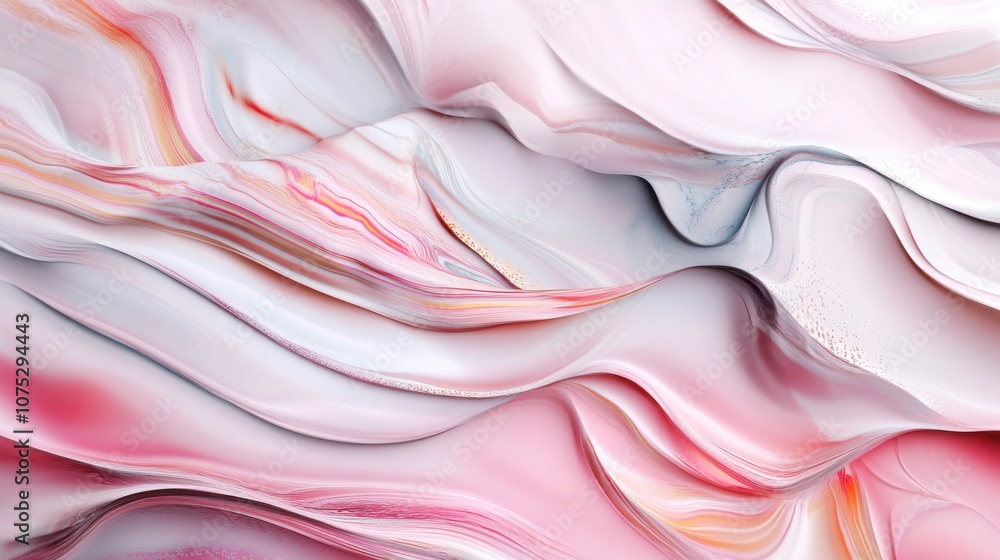 Poster Beautiful abstract waves of pink and white colors flowing smoothly, creating a sense of calm and tranquility.