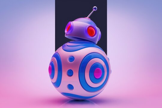 A stylized  blue and pink robot with a single antenna.