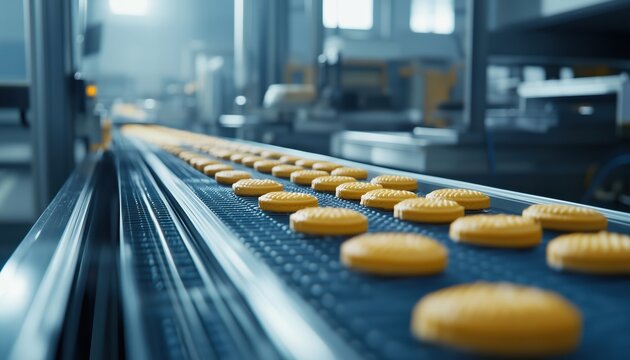 Modern Factory Producing Biscuits In The Food Cookies Industry Using Conveyor Belt Technology.