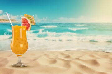 Tasty fresh sweet drink on beach background