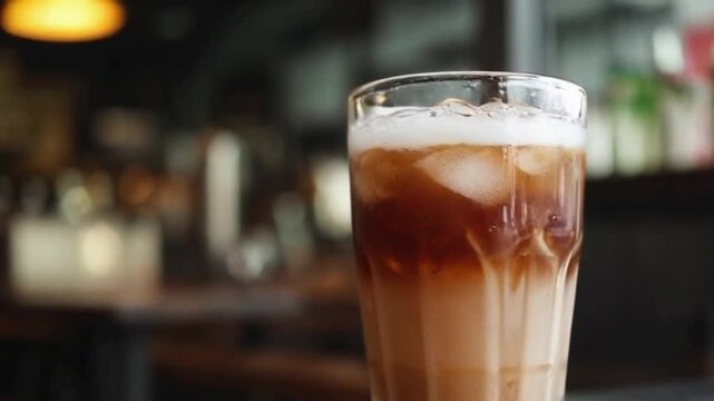 A close-up of a glass of nitro coffee served over ice, with the frothy texture of the nitrogen bubbles contrasting against the cold ice cubes, set against a modern, industrial caf&eacute; backdrop.
