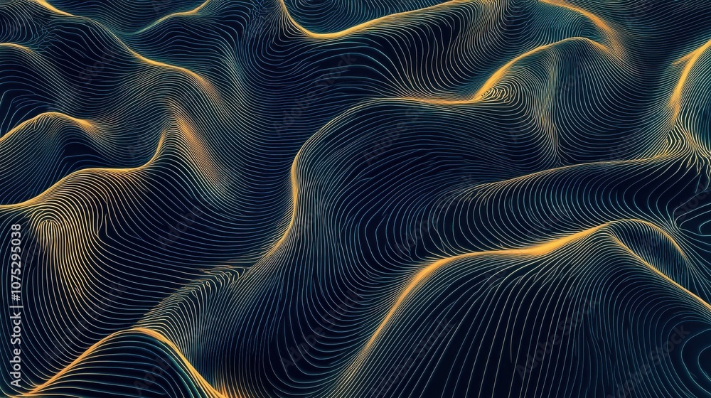 Poster an abstract landscape with flowing lines in dark hues, illuminated by warm golden light, creating a 